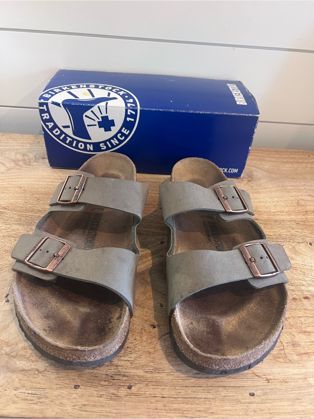 Birkenstock Arizona BS Men’s Gray Leather Slide Sandals Buckle Cork US 12